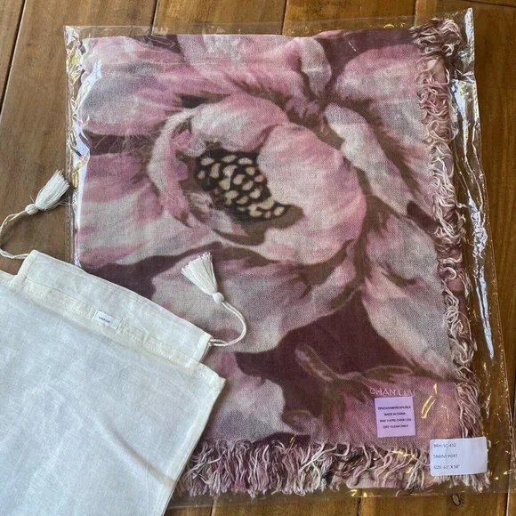 New Authentic Chan Luu Peony Floral Print Cashmere Silk Scarf Color: Tawny Port - Picture 7 of 7